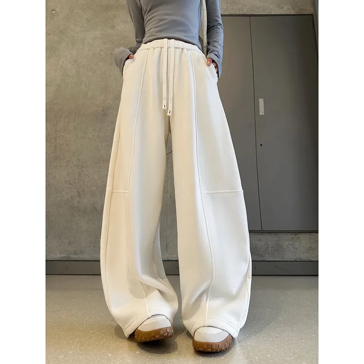 2025复古高级感加绒加厚休闲卫裤女高腰秋冬新款阔腿弯运动裤子