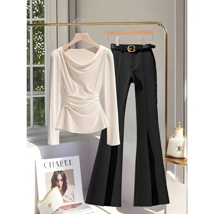 时尚套装女2025秋季爆款法式轻奢百搭长袖衬衫上衣气质黑色喇叭裤
