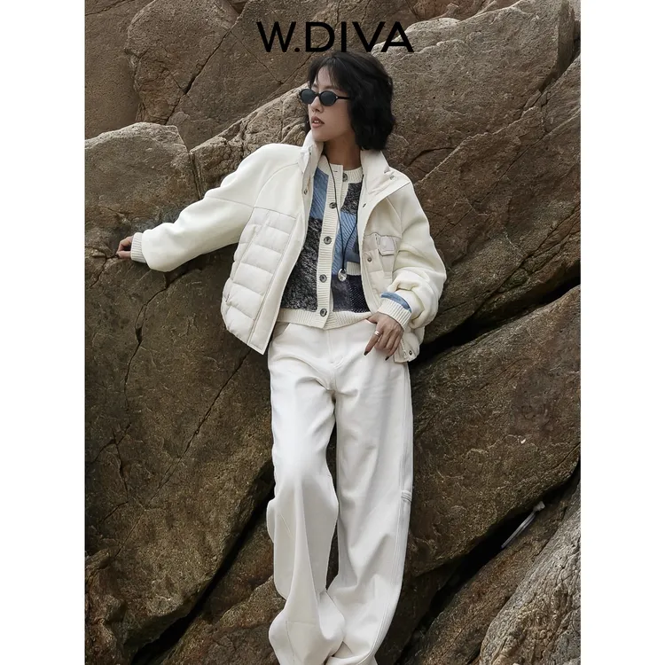 W.Diva【轻愈】保暖复古立领廓形90鹅绒夹克外套羽绒服54C103362