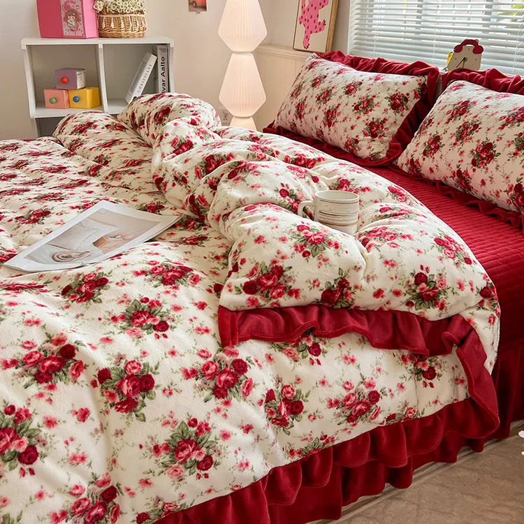 2025新款A类牛奶绒床盖四件套加厚保暖防静电韩版花边床单套件