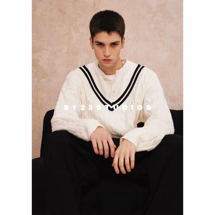 聪明陈S123 美式休闲假V领撞色条纹针织毛衣男女宽松百搭上衣外套