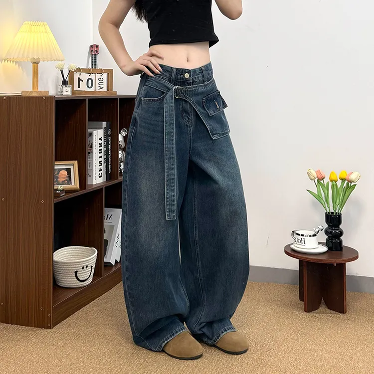 La Chapelle/拉夏贝尔高腰假两件女拖地裤不规则阔腿弯刀牛仔裤