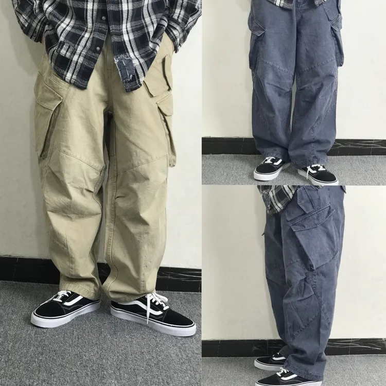 dya25FW秋冬重磅水洗做旧棉日系拼接法工复古休闲大口袋工装长裤