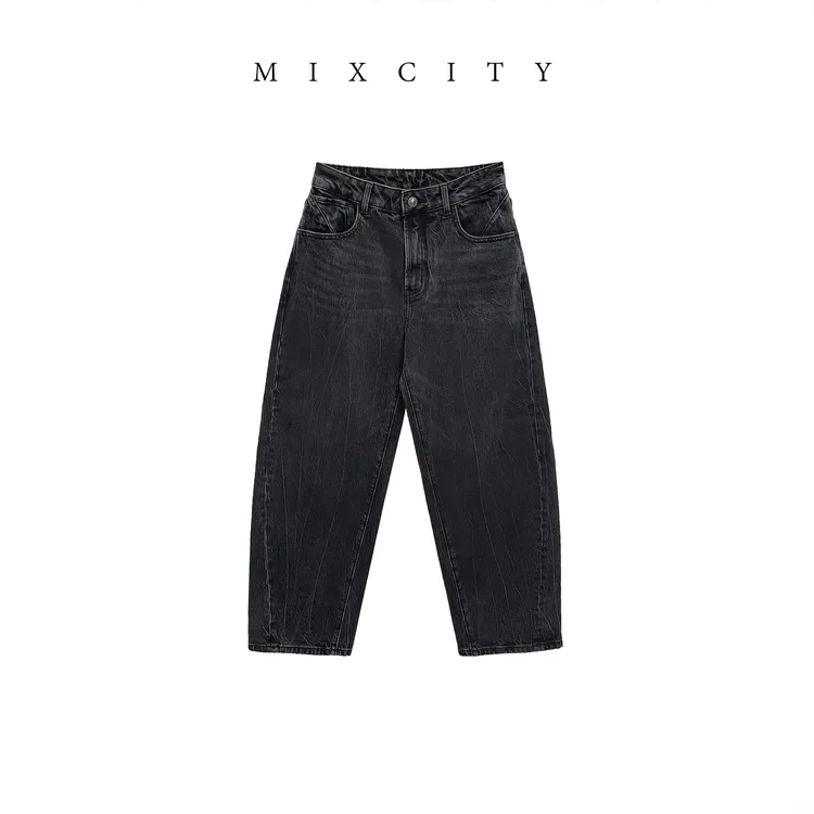 【MIXCITY亚楠家】黑树皮◆洗水做旧高腰显瘦汉麻牛仔裤9330