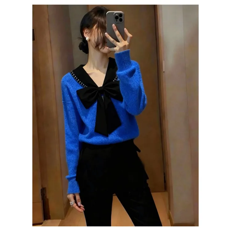 韩版时尚气质百搭软糯减龄高级感蓝色上衣女2025冬大蝴蝶结针织衫