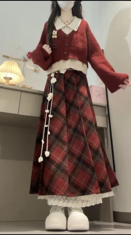 秋冬新年穿搭一整套学院风Polo领假两件毛衣格纹半身裙气质两件套
