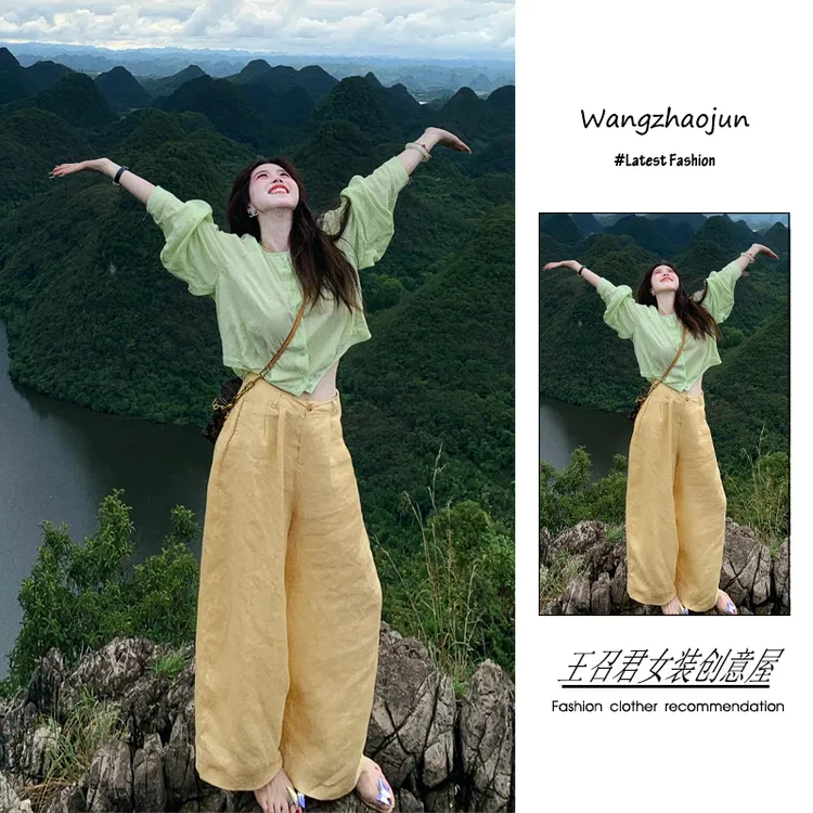 夏季2025新款女装韩系穿搭慵懒风多巴胺显白防晒衬衫阔腿裤两件套