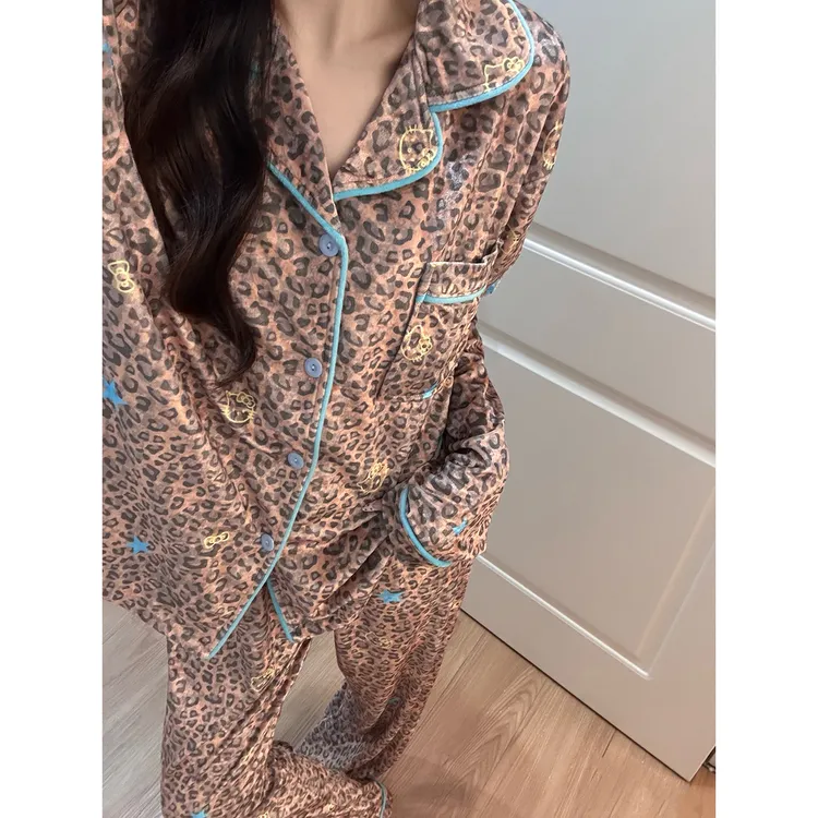 韩国高级感可爱豹纹睡衣女秋冬季新款金钻绒长袖长裤家居服套装