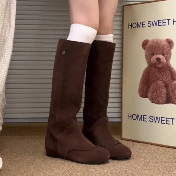 软皮！内增高绒面堆堆高筒靴女2025秋冬复古平底长筒靴美拉德靴子