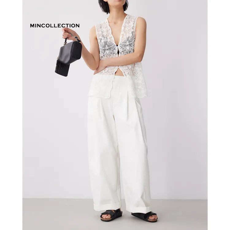 DE Mincollection捏褶白裤/简约抗皱显瘦通勤廓形直筒休闲裤55293