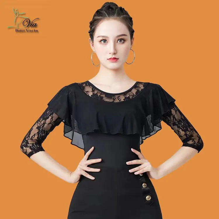 摩登舞上衣新款女成人七分袖交谊舞练功服时尚圆领拉丁舞跳舞上衣