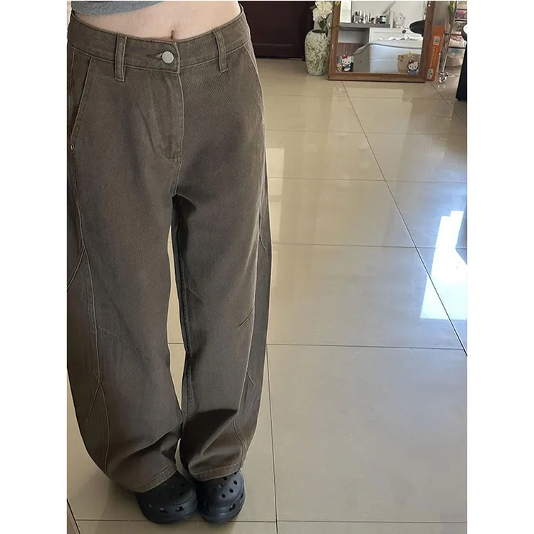 美式复古棕色直筒牛仔裤女秋季新款休闲显瘦宽松垂感阔腿拖地裤子