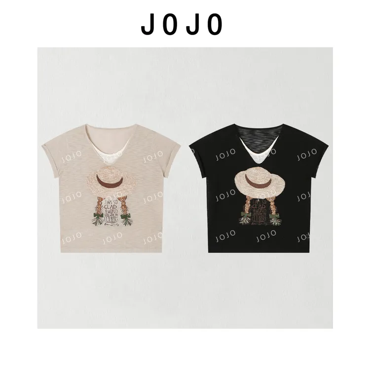 玖了个玖 2025夏季 极简百搭竹节雪花棉假两件草帽T恤 2507C4105