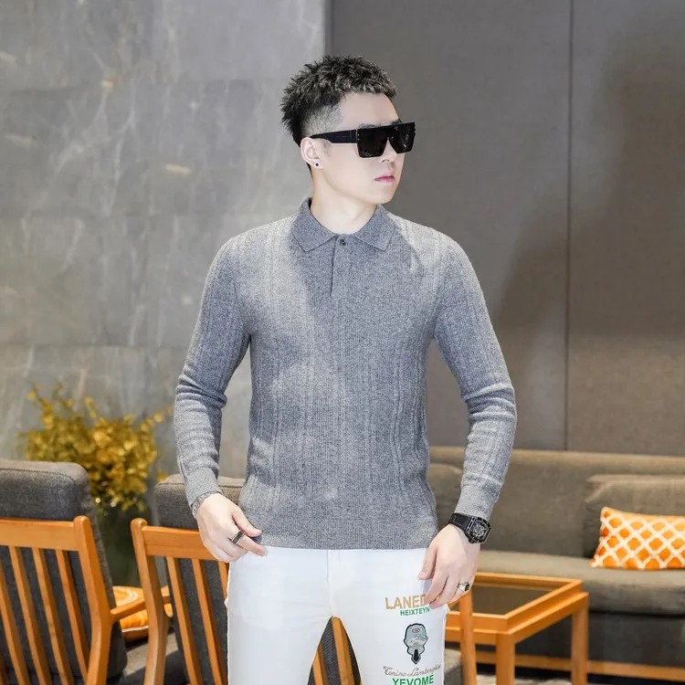 高档牦牛绒羊毛衫保暖灰色老钱风翻领毛衣修身时尚上衣男GL83295