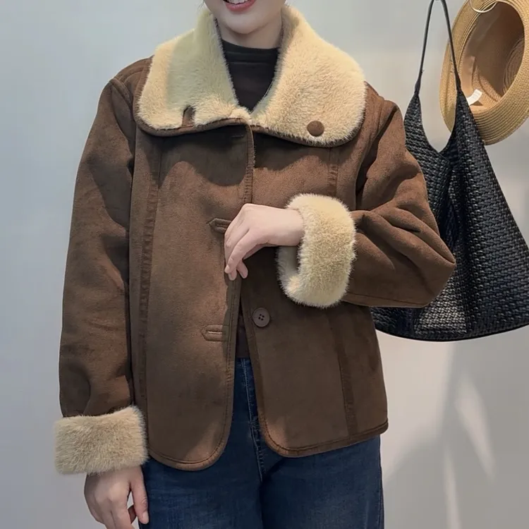 翻领两面穿短外套加厚皮毛一体复古风191