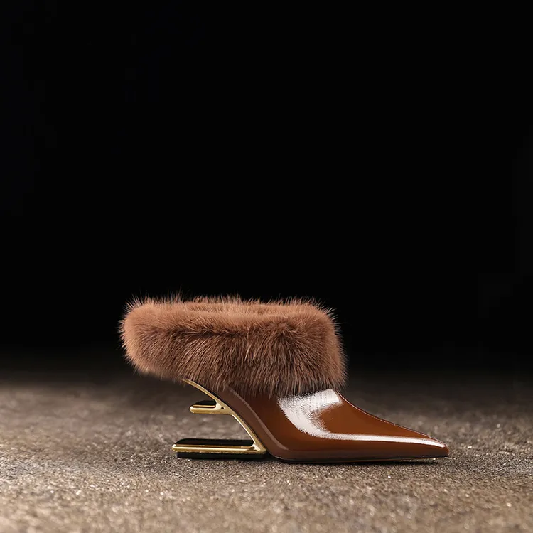 高跟水貂毛拖鞋高级感细跟真皮女鞋秋冬季新款加绒保暖尖头毛毛鞋
