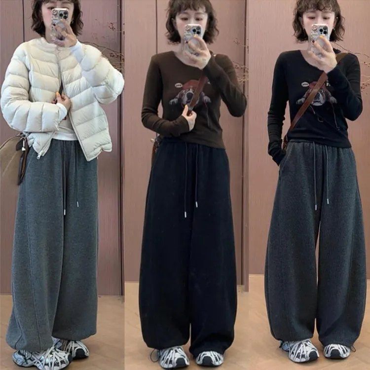 加绒加厚休闲阔腿裤女冬季新款显瘦百搭高腰直筒保暖弯刀裤长裤子