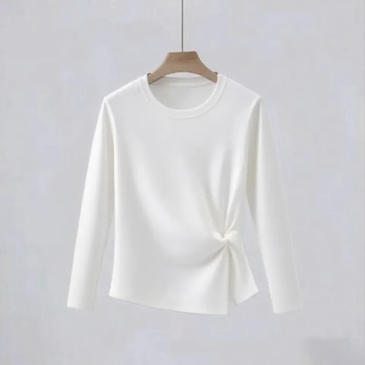 圆领秋季新款修身纯色长袖休闲风女装显瘦抽褶不规则百搭上衣T恤