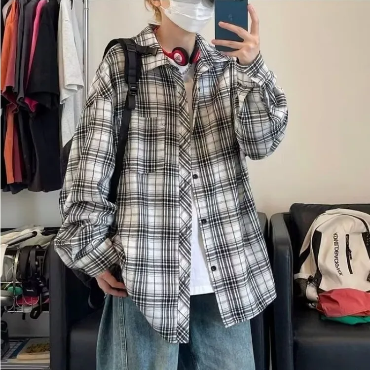 爆款格子衬衫韩版男秋季美式复古痞帅上衣潮流宽松翻领情侣polo