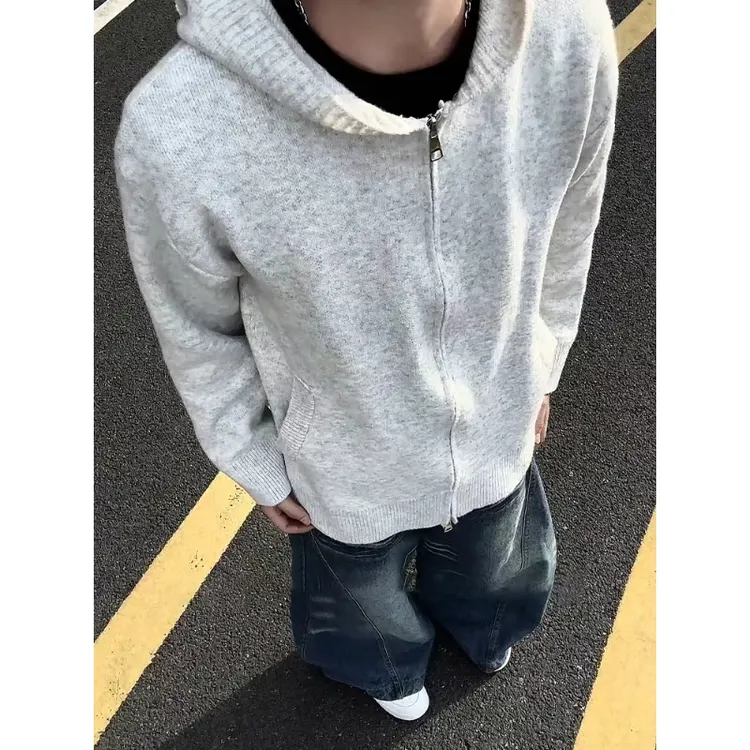 美式复古开衫连帽毛衣男秋季慵懒风休闲针织cleanfit外套情侣上衣