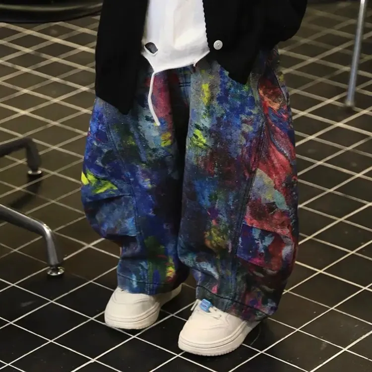 男童春季裤子牛仔棉布裤2025春装新款儿童彩色春秋扎染长裤弯刀潮