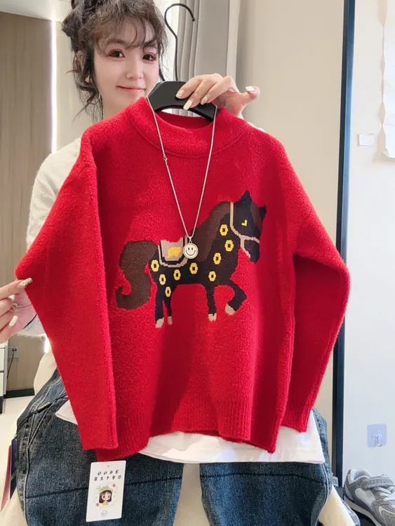 【马上有钱】不起球新年红色毛衣刺绣小马拜年毛衣亲子套头红色线衣
