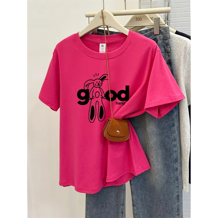 正肩短袖女款爆款2025新款大码遮肚子显瘦百搭圆领t恤衫洋气上衣