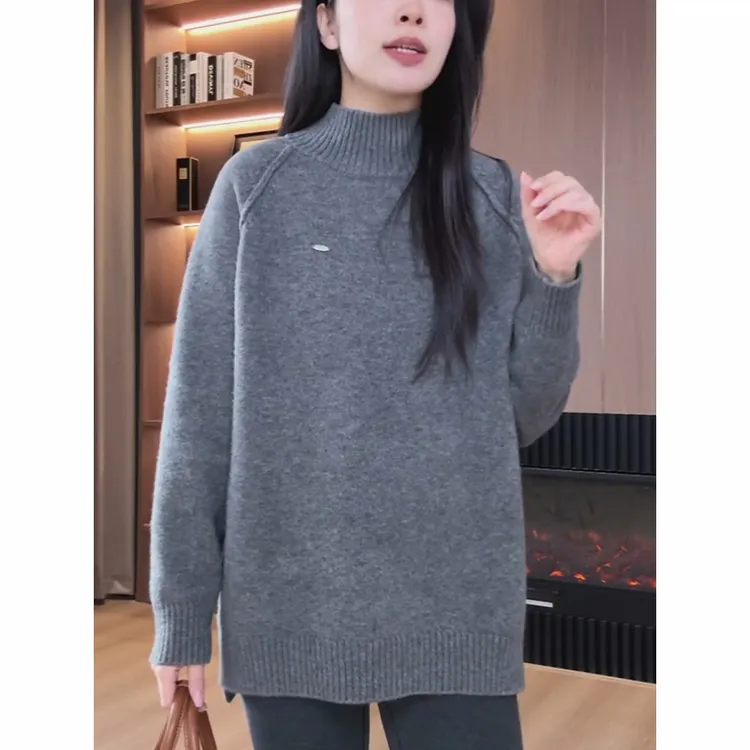 灰色高领毛衣女秋冬慵懒高级感减龄宽松显瘦中长款内搭针织衫上衣