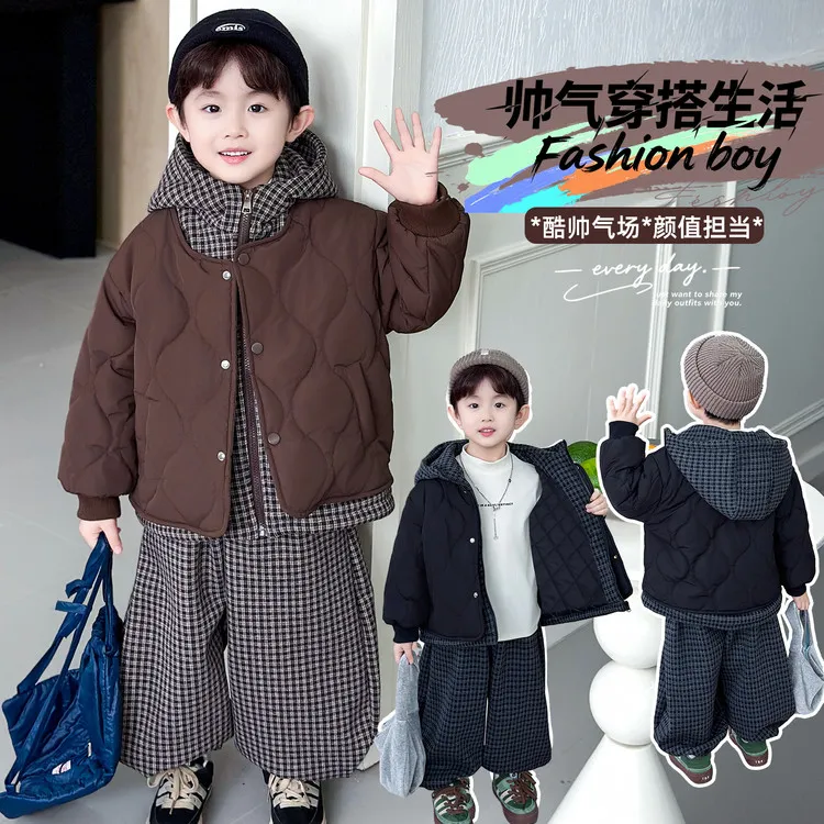 格子连帽拼接冬款冬季男洋气加厚冬装男童男童外套秋冬款套装