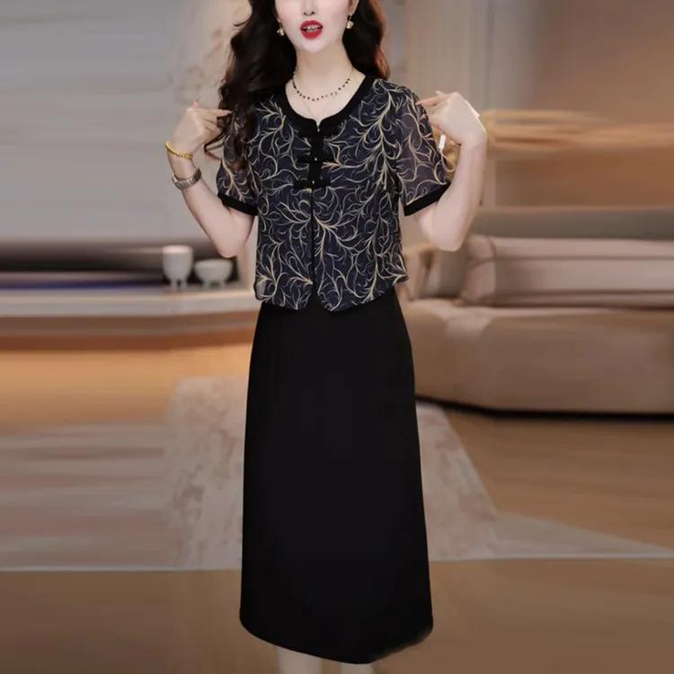 弹力冰丝高级感气质女装2025夏季新款时尚黑色气质假两件连衣裙子