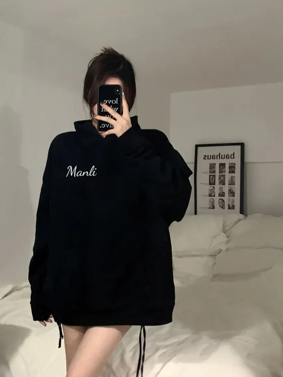 秋冬季重磅加绒加厚银狐绒连帽休闲连帽卫衣双面印花宽松可外穿女