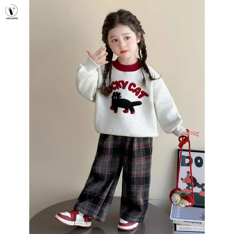 VALVOELITE女童加绒卫衣套装2025秋冬季新款加厚格子裤子韩版衣服