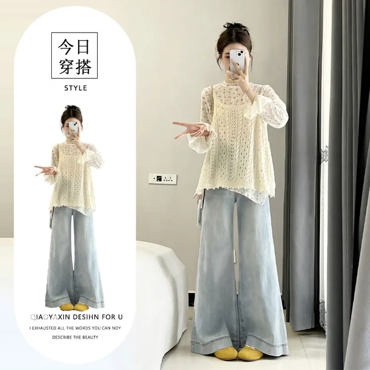 2025少女感叠穿穿搭韩系碎花打底衫外搭背心高腰阔腿牛仔裤三件套