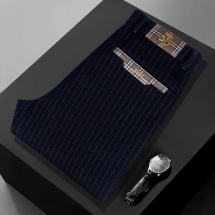 高定总裁.植绒【马到成功】秋冬条纹免烫保暖修身直筒商务休闲男裤