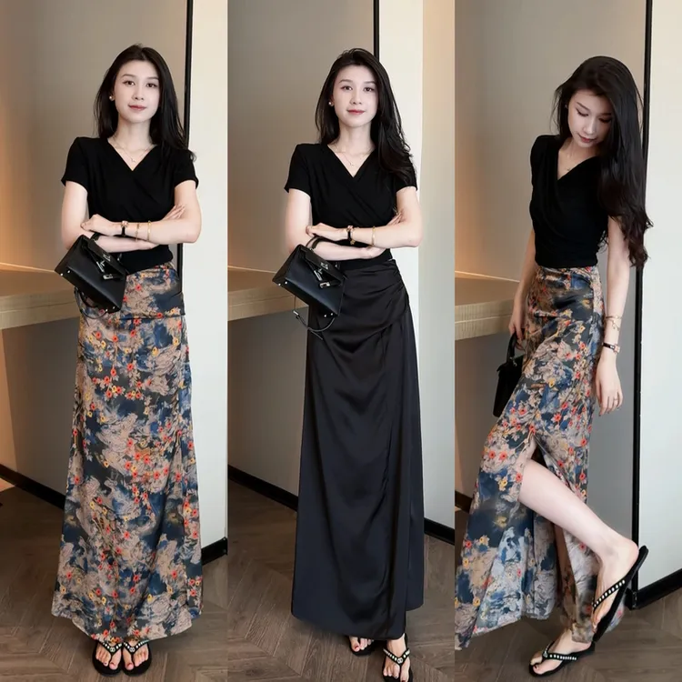 夏季新款百搭显瘦V领绑带上衣+气质显瘦压褶开叉半身裙套装洋气