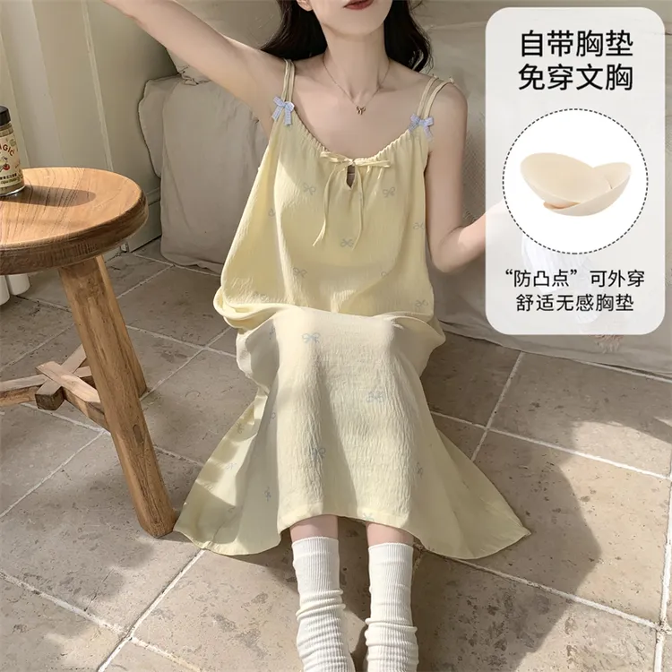 芯语婷夏季新款淡黄蝴蝶结吊带睡裙女带胸垫甜美无袖可外穿家居服