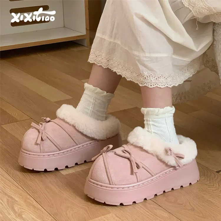 细细条 外穿韩系蝴蝶结一脚蹬乐福棉拖鞋厚底防滑舒适毛毛鞋女冬