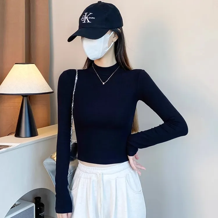 螺纹黑色半高领打底衫女2025新款春秋短款内搭长袖t恤上衣薄款潮