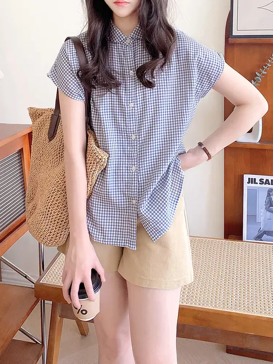 格子衬衫女2025年夏季新款日系宽松百搭包袖双层纱娃娃领短袖上衣