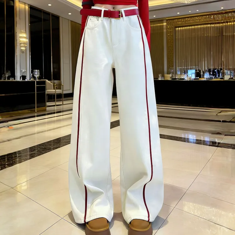 【Korean style】2824刺绣秋冬女高腰水洗直筒裤牛仔裤时尚休闲裤