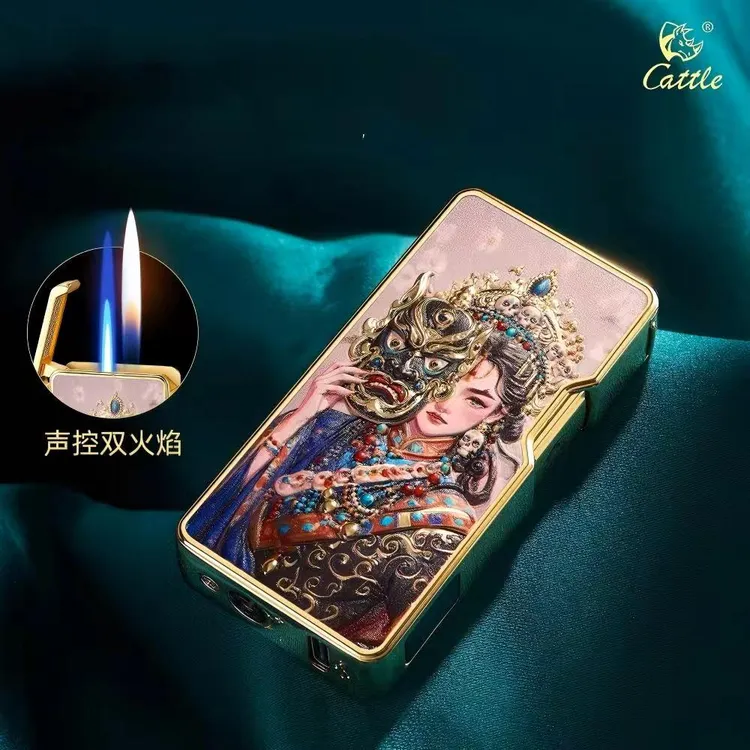 高颜值复古网红高档声控双火创意感应带电量显示打火机