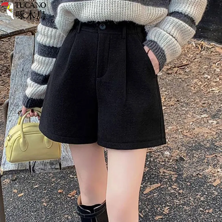 TUCANO/啄木鳥毛呢高腰短裤女春秋黑色休闲显瘦a字百搭阔腿靴裤