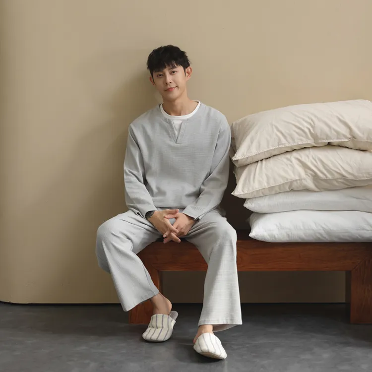 【华夫格】男士睡衣春秋季纯棉圆领长袖套装简约休闲假两件家居服