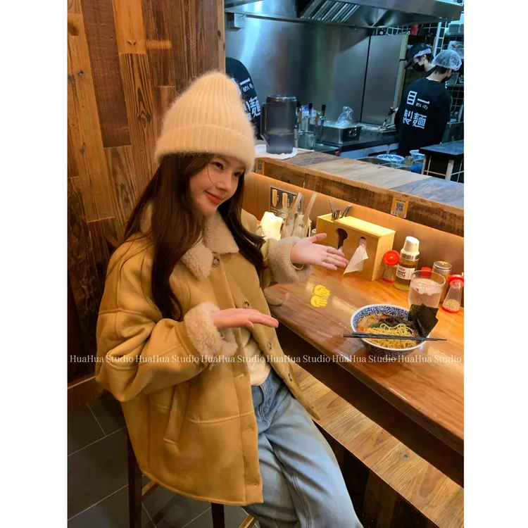 【花花】黄油蛋糕~初冬韩系美拉德皮毛一体时尚仿羊羔毛绒外套