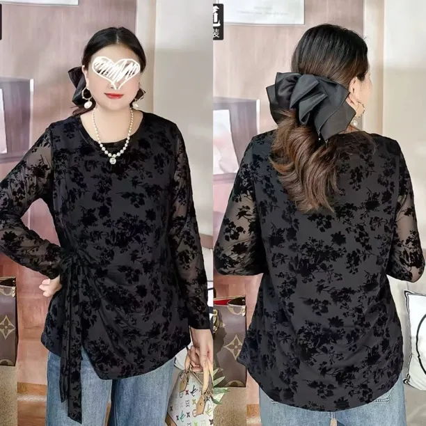 新款大码女装2025秋装胖妹妹200斤淑女蝴蝶结网纱丝绒提花打底衫