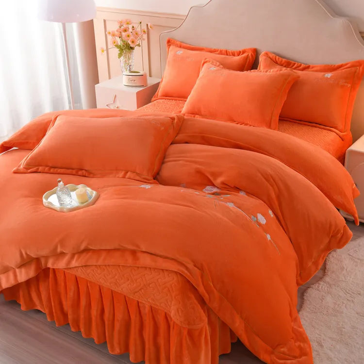 A类加绒加厚双面牛奶绒床盖四件套冬季绣花保暖防静电床品套件