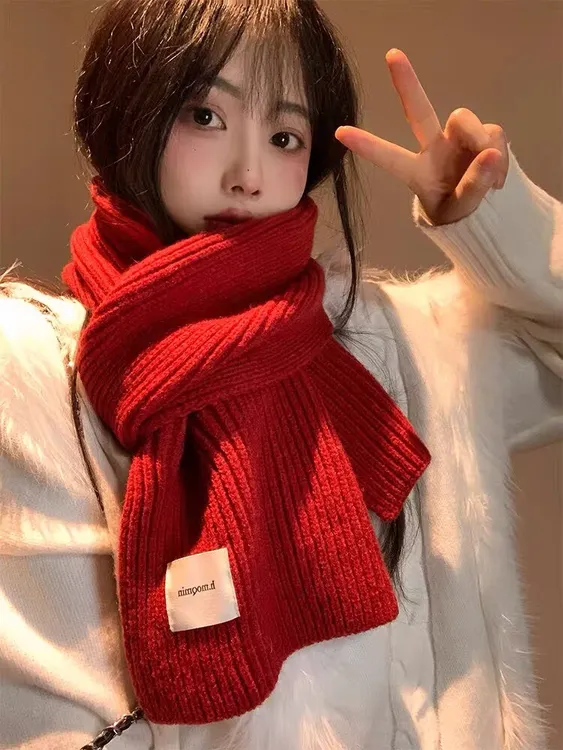 竖条纹纯色针织围巾女2025新款冬季毛线软糯素颜高级感情侣侣围脖