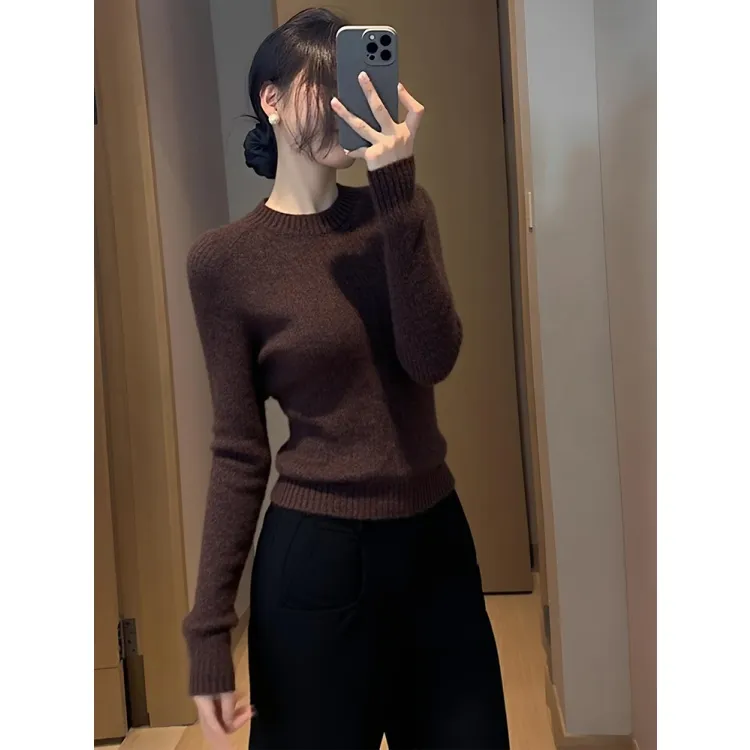 深棕色圆领打底毛衣女2025秋新款轻熟风高级感修身内搭针织衫上衣