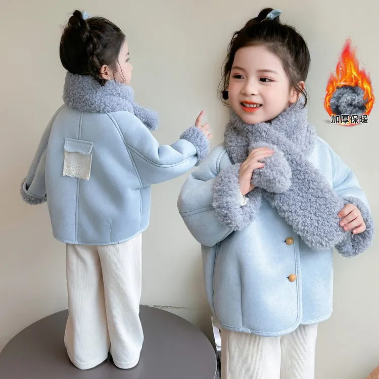 女童秋冬季外套2025新款蓝色加绒外套送围巾时尚韩系宽松厚外套