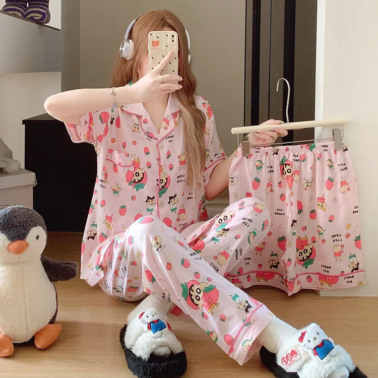 【前三十单半价】云朵绵短袖短裤长裤睡衣三件套套装女士空调家居服